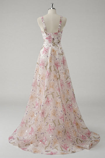 Robe De Soirée à col en V floral rose scintillant